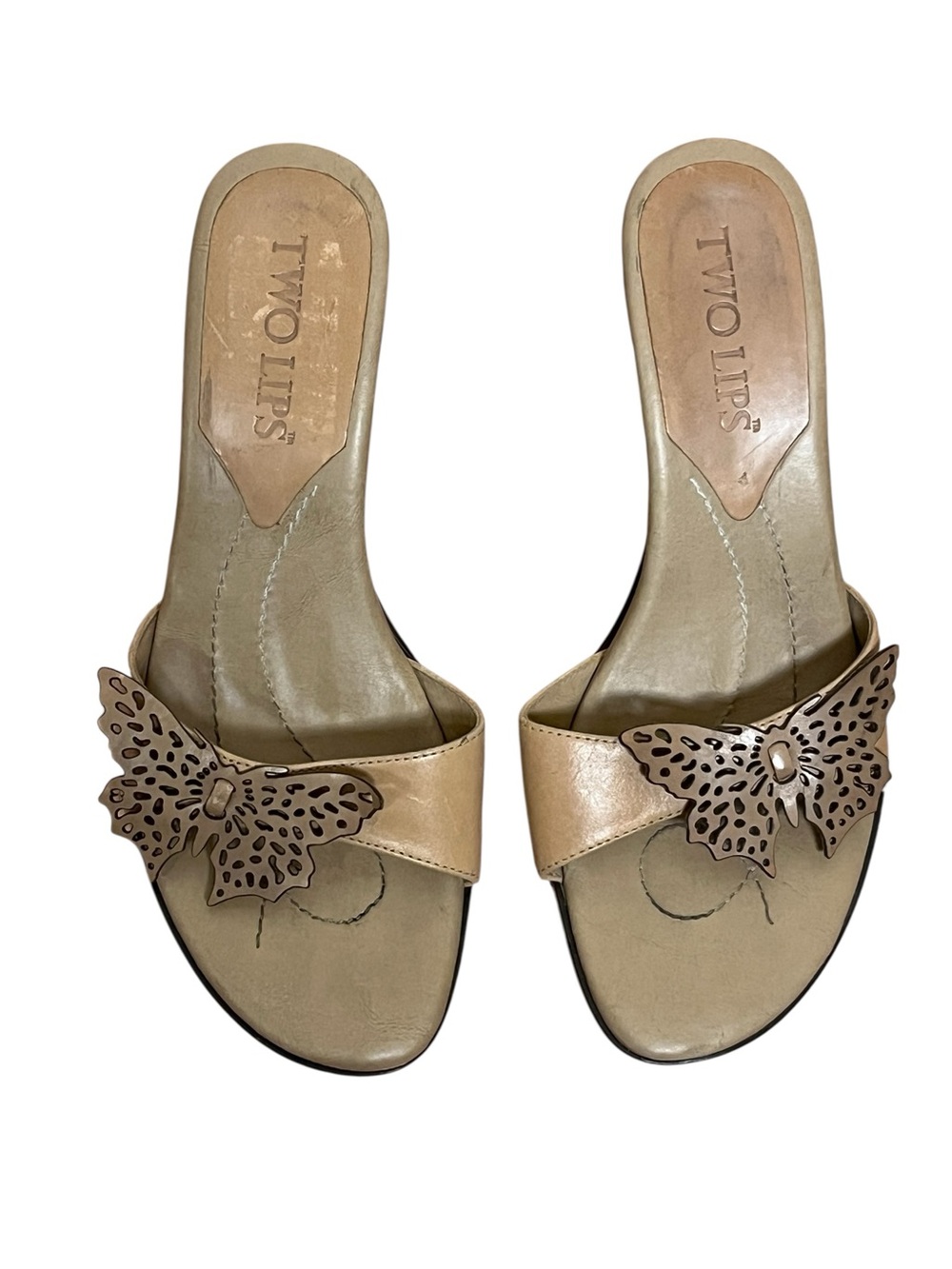 Two Lips Butterfly Tan Kitten Heels Mules Y2K — Size 6.5 - Picture 6 of 12